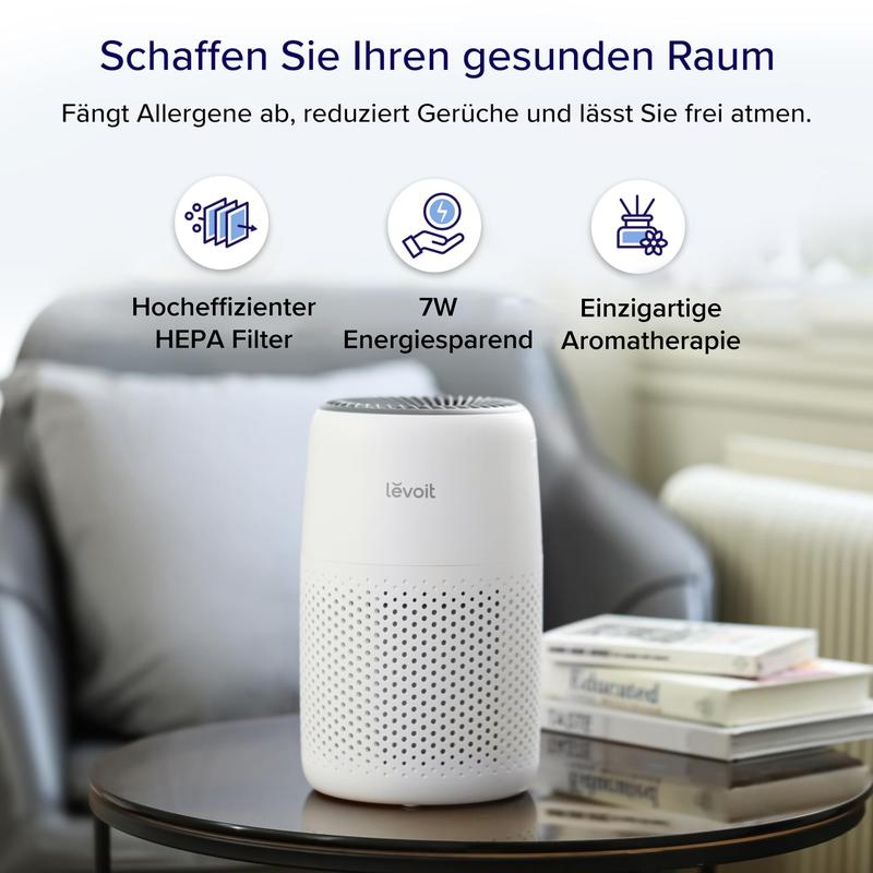 Levoit Luftreiniger Allergiker mit Aromatherapie, HEPA Luftfilter gegen Schimmel, Staub und Tierhaare bis zu 0,3 µm für Schlafzimmer, 7 Watt Energiesparend, 3 Geschwindigkeiten, Weiß, Core Mini
