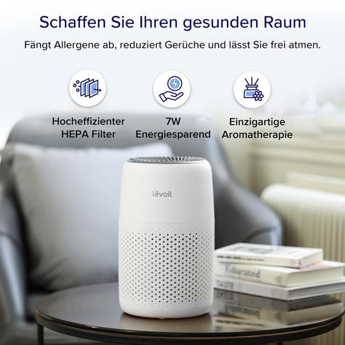 Levoit Luftreiniger Allergiker mit Aromatherapie, HEPA Luftfilter gegen Schimmel, Staub und Tierhaare bis zu 0,3 µm für Schlafzimmer, 7 Watt Energiesparend, 3 Geschwindigkeiten, Weiß, Core Mini