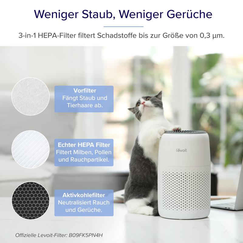 Levoit Luftreiniger Allergiker mit Aromatherapie, HEPA Luftfilter gegen Schimmel, Staub und Tierhaare bis zu 0,3 µm für Schlafzimmer, 7 Watt Energiesparend, 3 Geschwindigkeiten, Weiß, Core Mini
